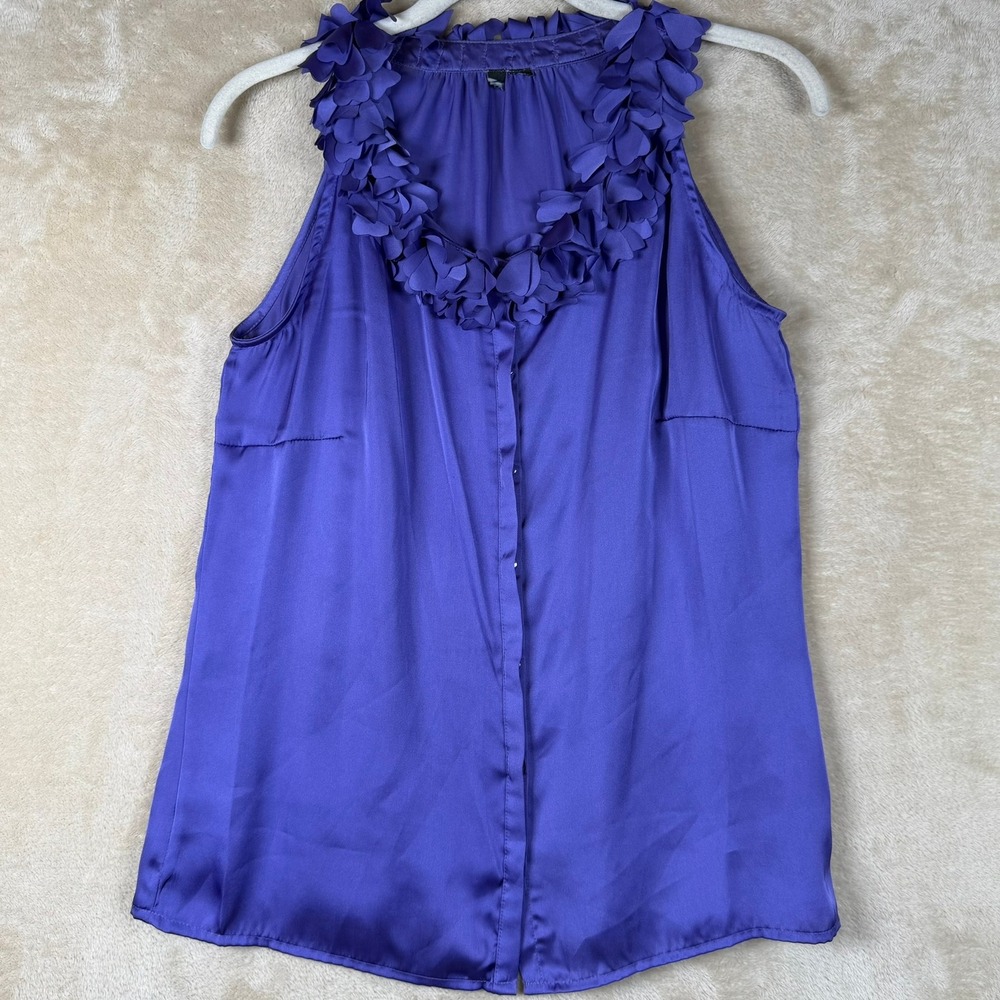 Purple Satin Sleeveless Blouse 3D Floral Petal V-Neck Button Down Top Elegant
